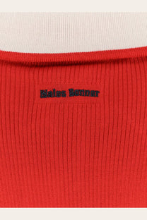 Bright red ribbed knit top with black embroidered bales banner logo at neckline in adidas Originals by Wales Bonner