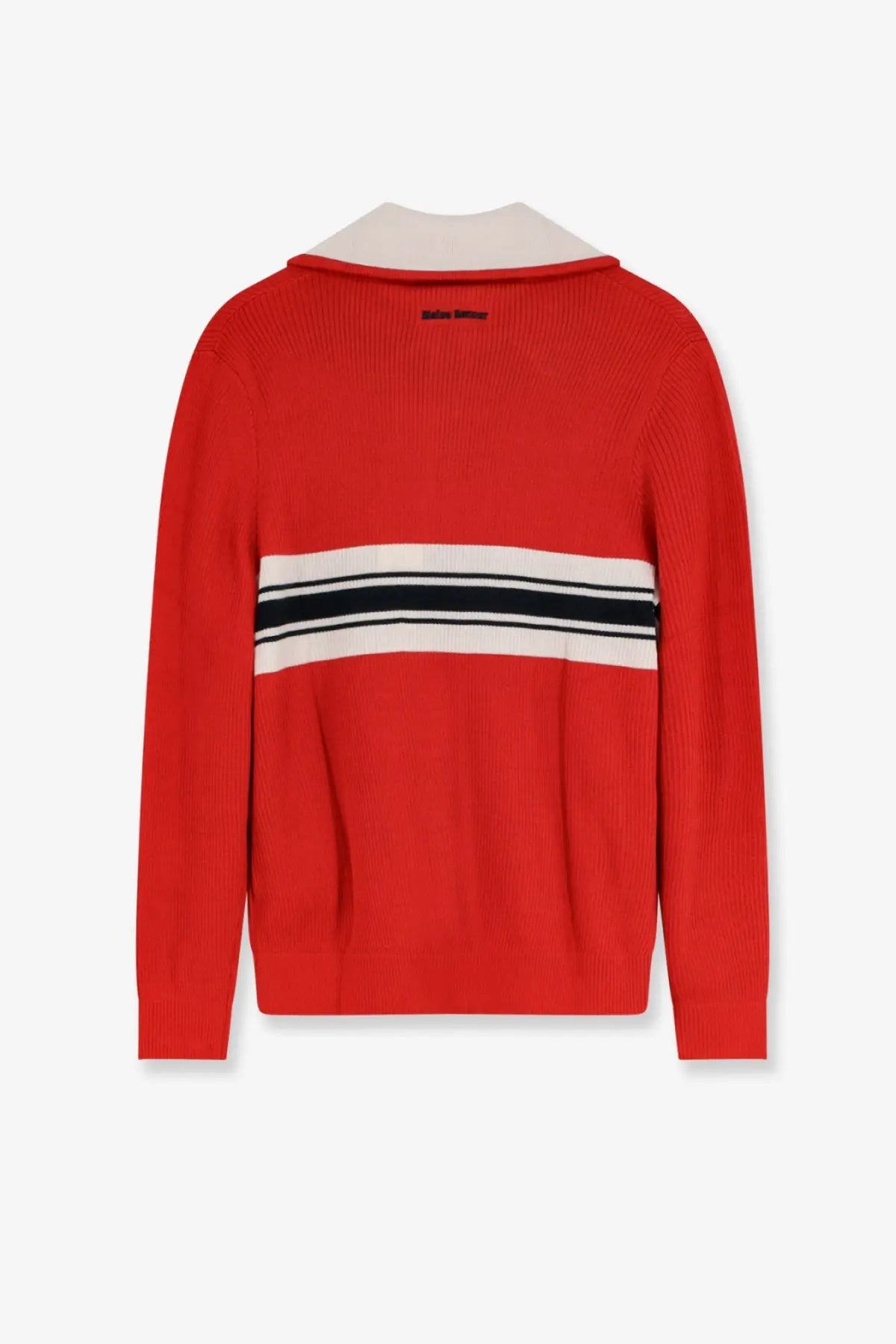 Adidas originals by wales bonner men’s grey ribbed knit sweatshirt with red back featuring white collar and two stripes