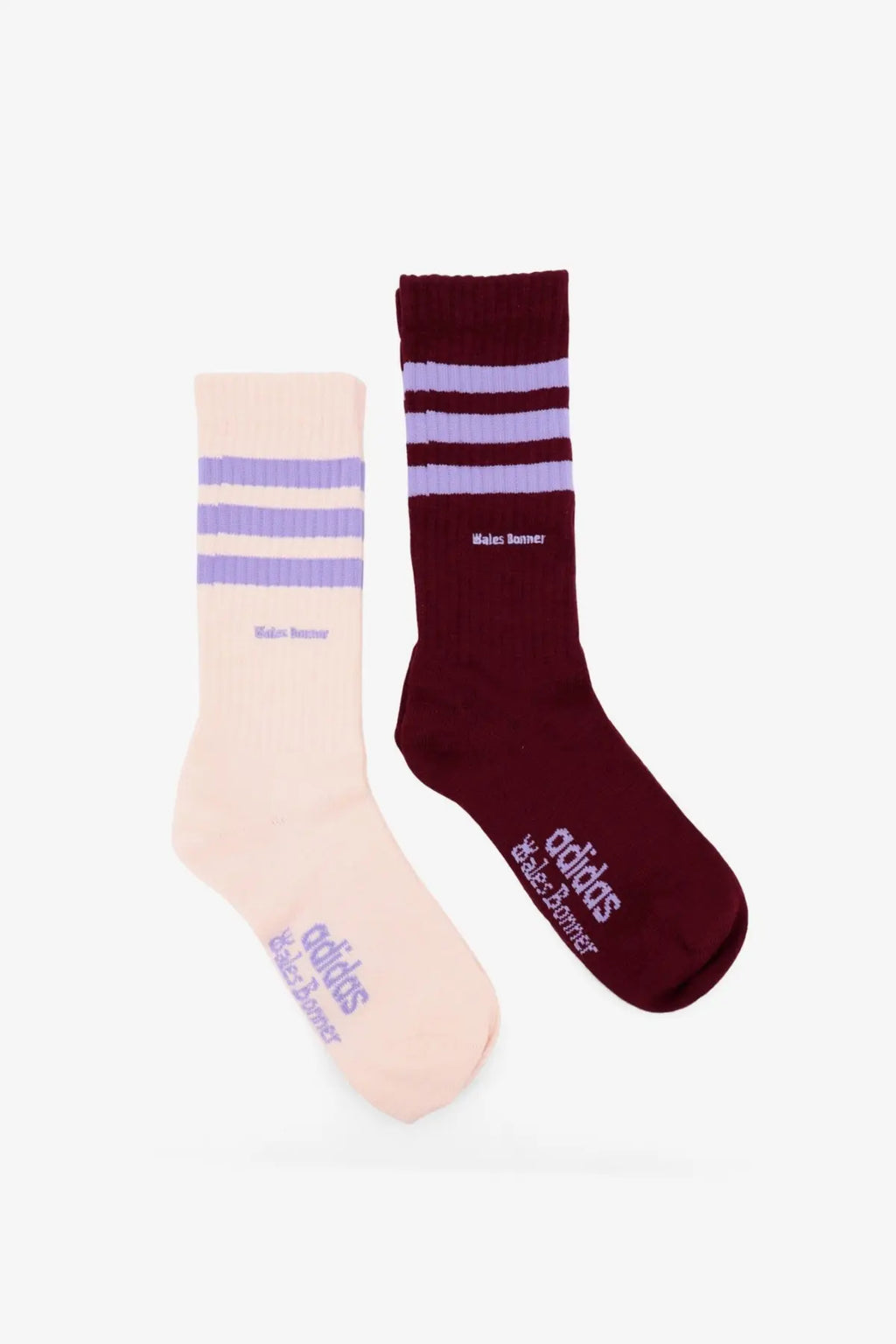 Adidas Originals by Wales Bonner men’s two pack cotton blend socks in blush pink and maroon with lavender stripes