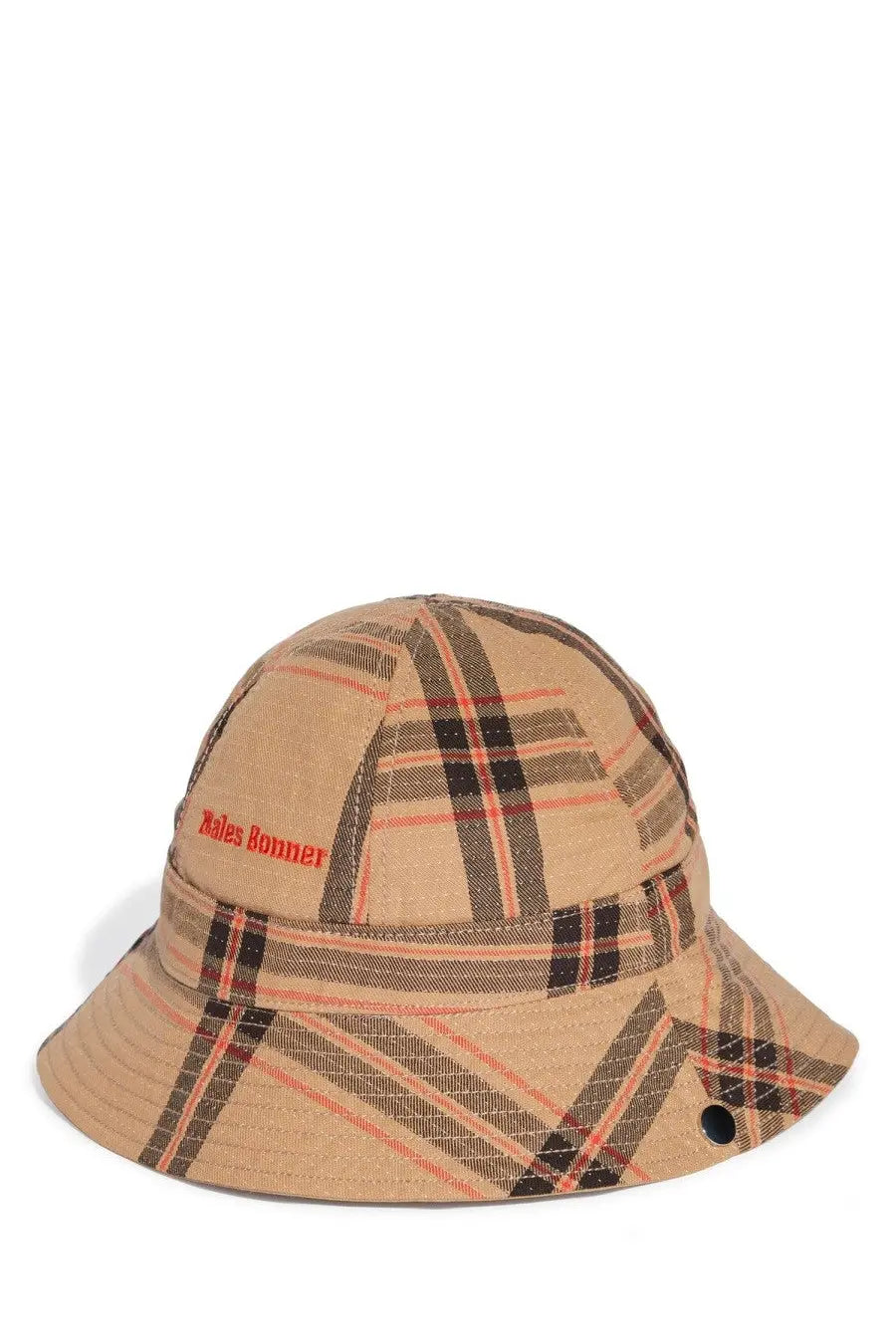 Beige and black plaid adidas Originals by Wales Bonner unisex bucket hat with red kales bonner embroidery