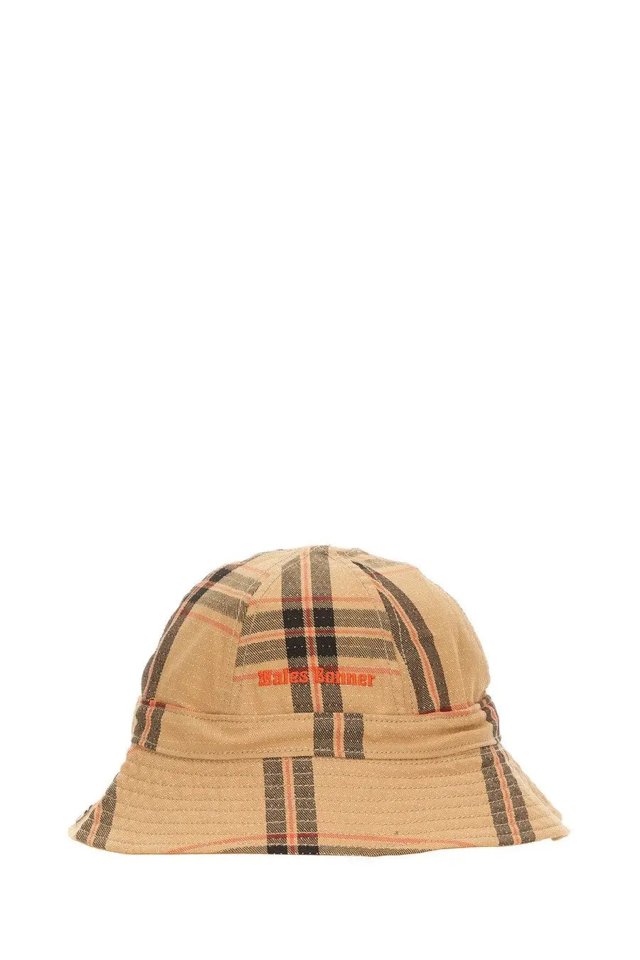 Adidas Originals by Wales Bonner beige plaid bucket hat with black and orange stripes and red bales binner logo