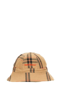 Adidas Originals by Wales Bonner beige plaid bucket hat with black and orange stripes and red bales binner logo