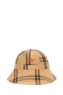 Adidas Originals by Wales Bonner unisex beige plaid bucket hat with black and rust stripes and orange trefoil logo