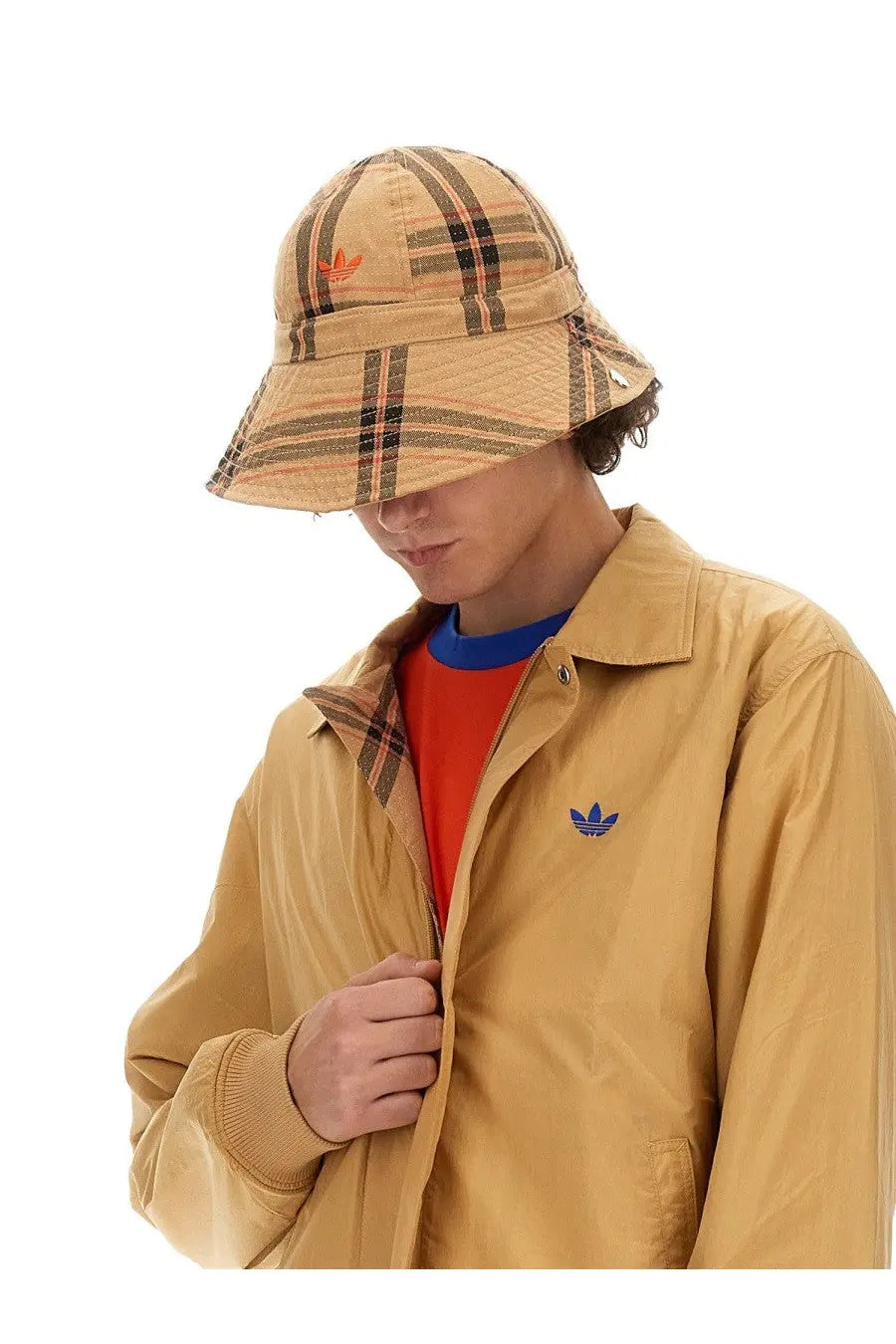 Adidas originals by wales bonner unisex tan plaid bucket hat with orange and black stripes and red adidas logo