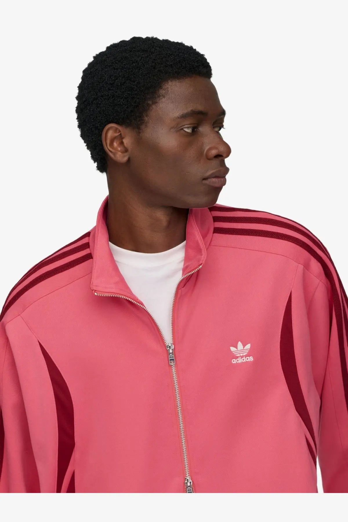 Pink adidas Originals by Wales Bonner unisex track jacket with dark red stripes and white logo patch in cotton elastane
