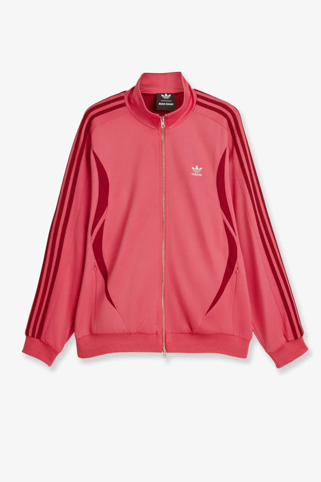 A vibrant pink adidas track jacket with bold red three stripes and logo made from cotton and elastane