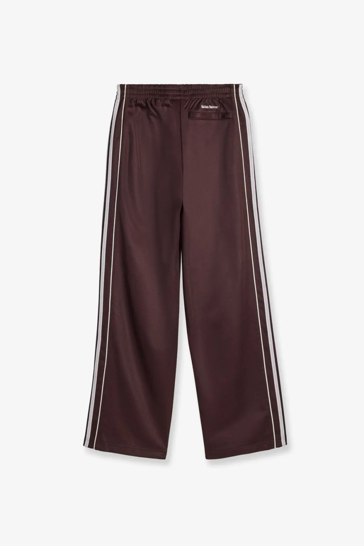 Brown adidas originals by wales bonner unisex recycled material track pants with white side stripes and waistband label