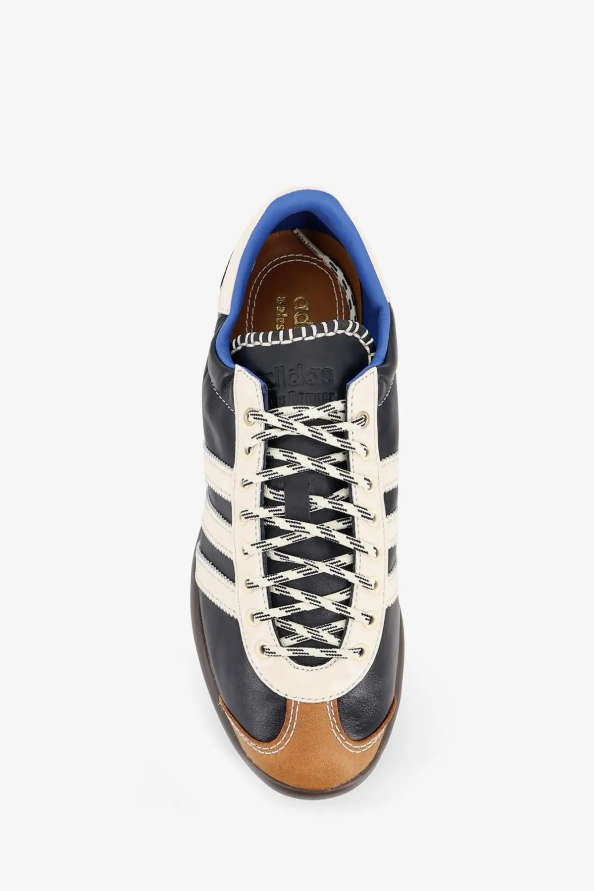 Adidas originals by wales bonner unisex wb karintha og black leather sneaker with blue lining tan rubber toe cap and stripes