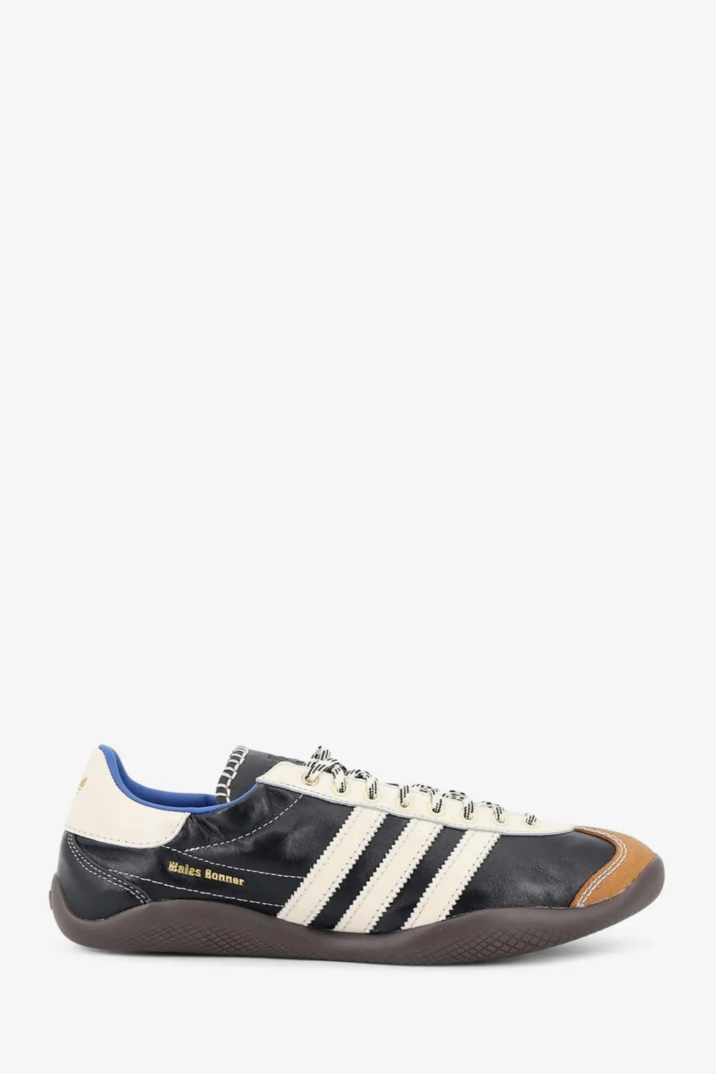 Adidas originals by wales bonner unisex wb karintha og leather sneaker in black with white stripes tan toe cap and cream midsole