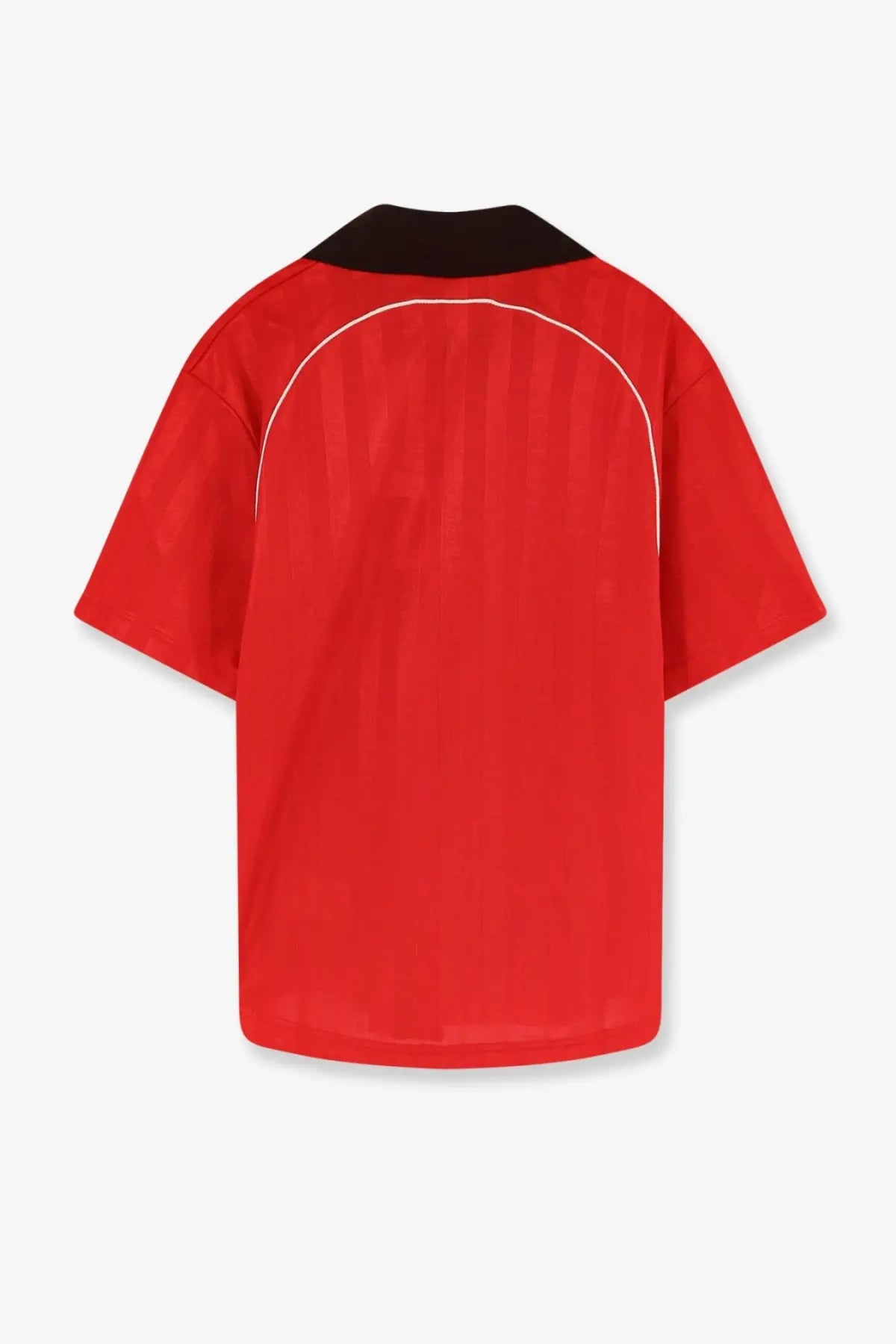 Red short-sleeved nylon shirt with black collar and white shoulder piping from adidas originals by wales bonner