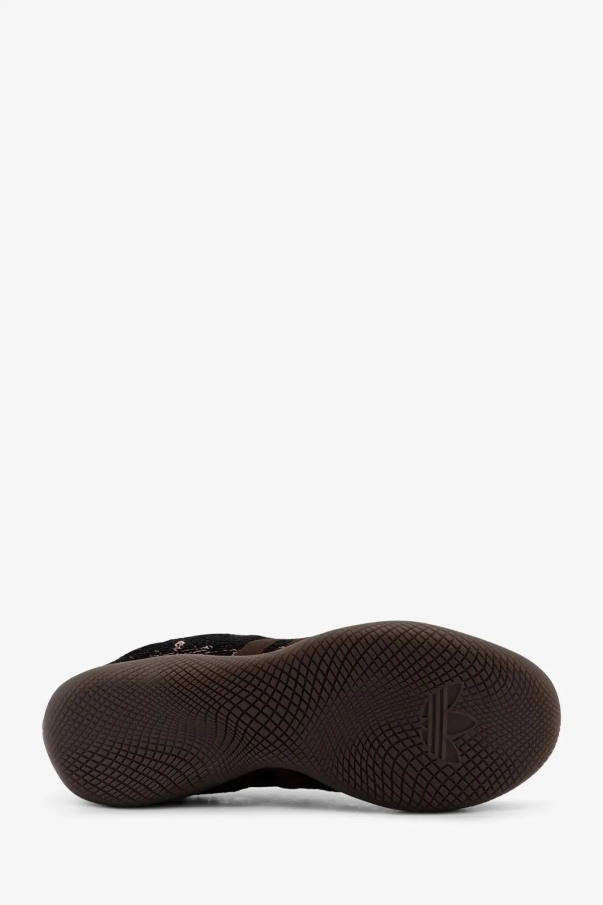 Black adidas basketball shoe with textured rubber sole and subtle branding on the heel viewed from the back