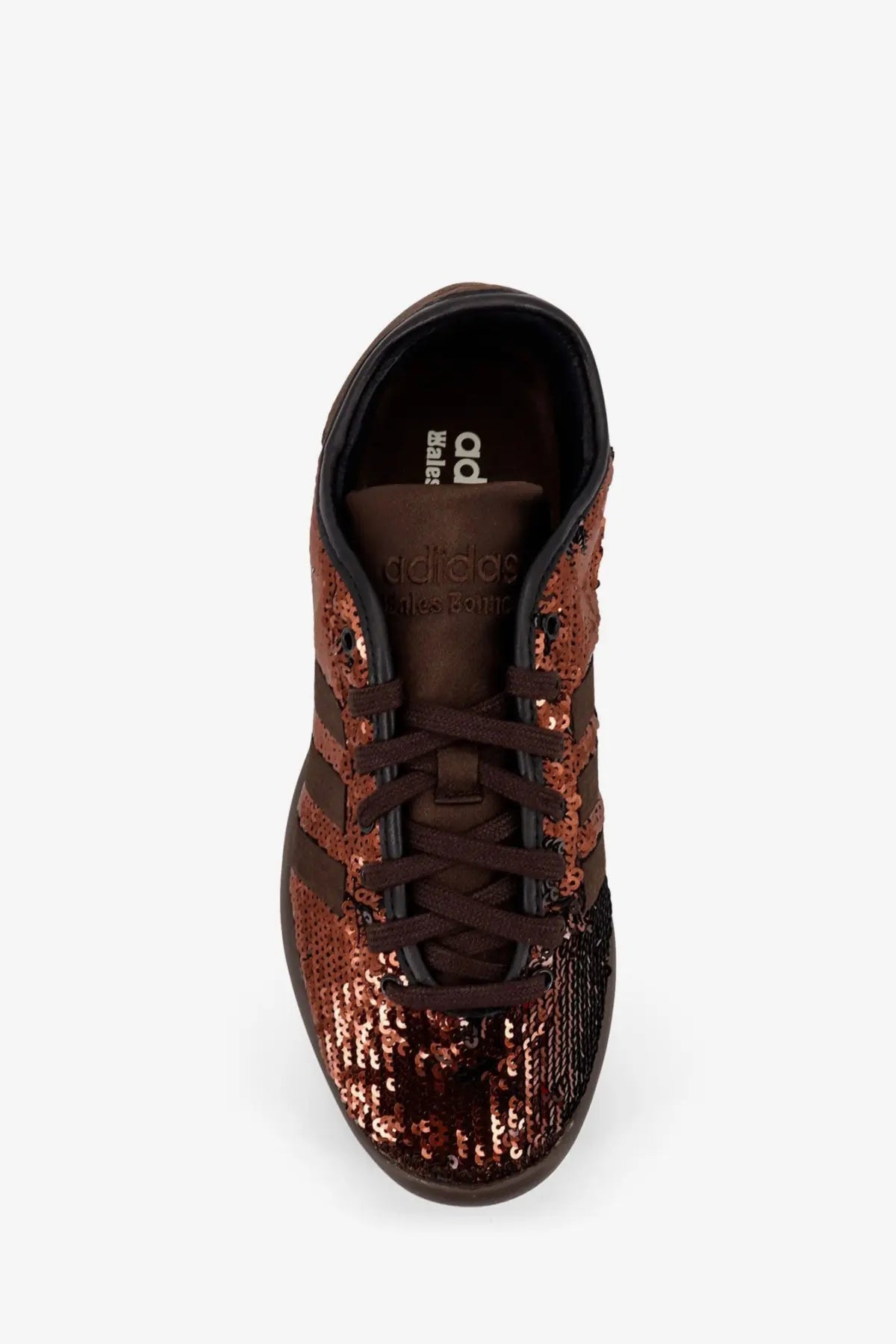 Adidas Originals by Wales Bonner women’s brown nylon sneakers with brown sequins and classic three-stripe design