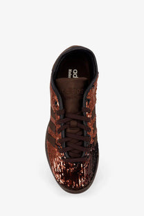 Adidas Originals by Wales Bonner women’s brown nylon sneakers with brown sequins and classic three-stripe design