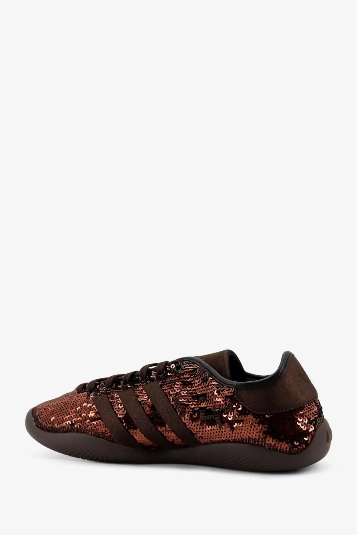 Adidas Originals by Wales Bonner women’s brown nylon sneakers with brown sequins and black stripes and laces