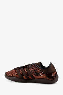 Adidas Originals by Wales Bonner women’s brown nylon sneakers with brown sequins and black stripes and laces