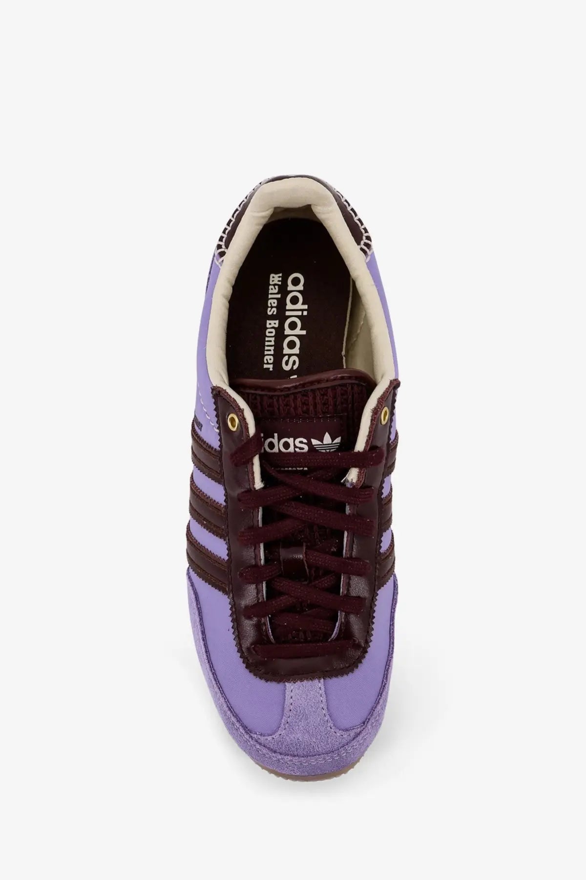 Adidas Originals by Wales Bonner women’s nylon sneakers in purple with maroon suede upper and beige interior lining