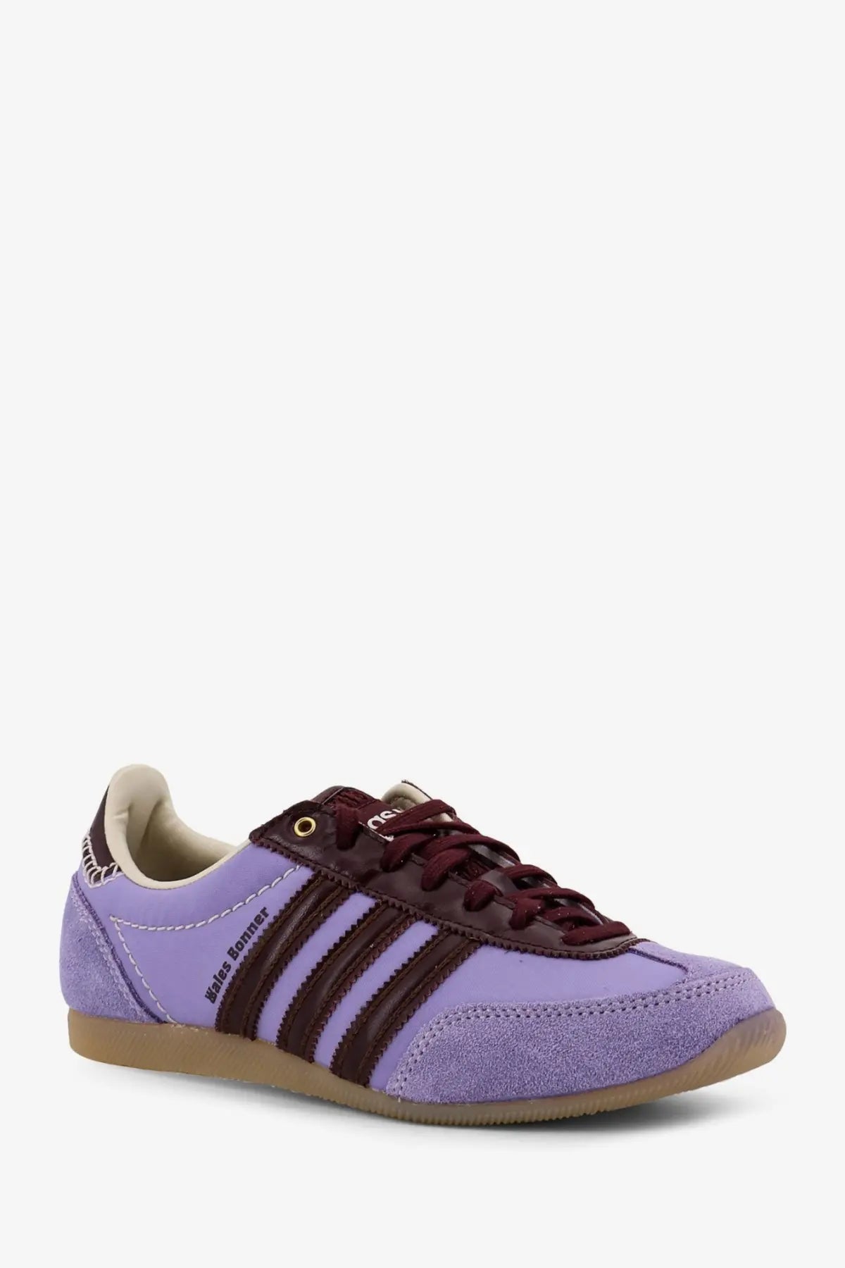 Adidas Originals by Wales Bonner women’s nylon sneakers in purple with purple suede, maroon leather stripes, and tan sole