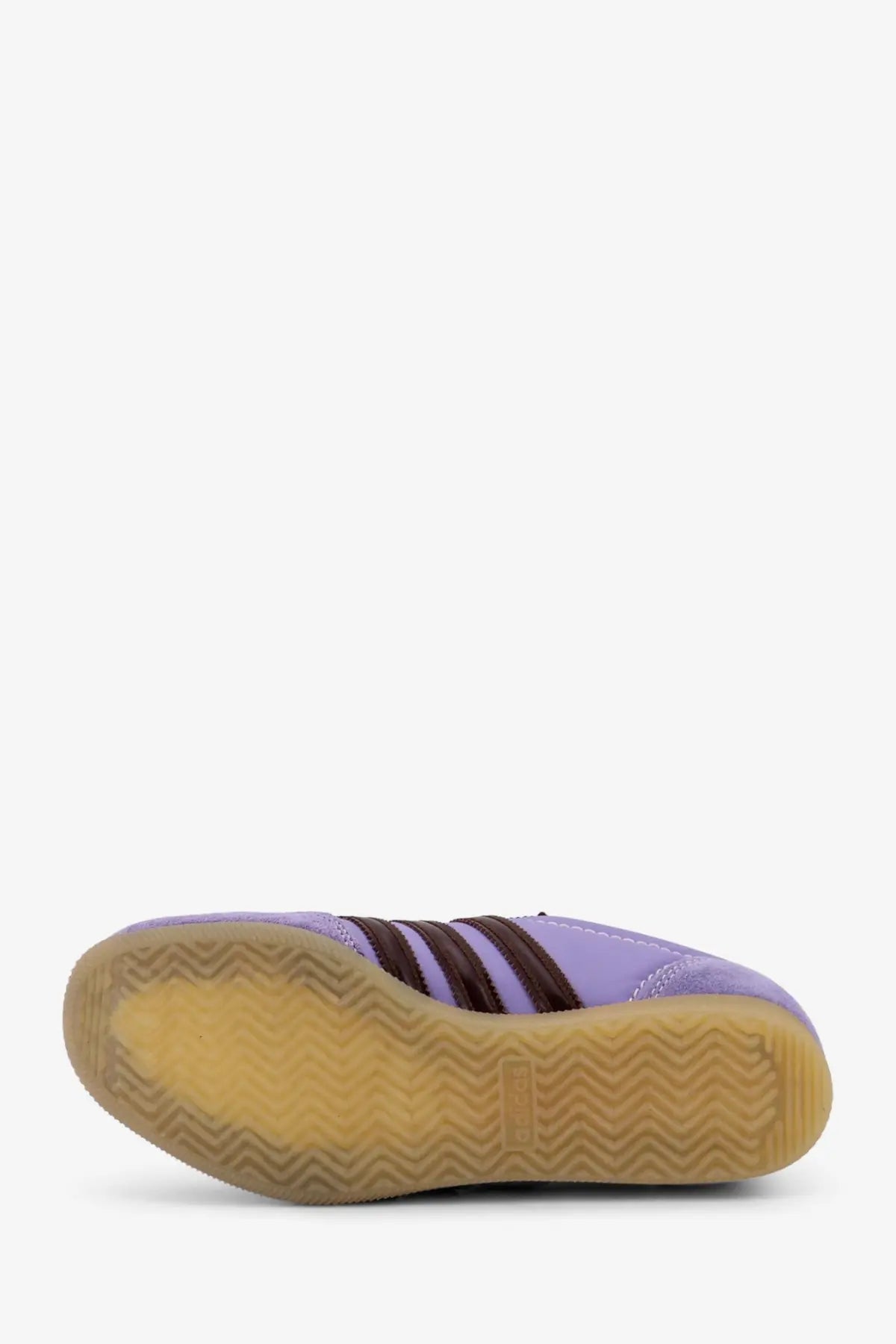 Adidas Originals by Wales Bonner women’s purple suede sneakers with three dark brown stripes and tan rubber sole