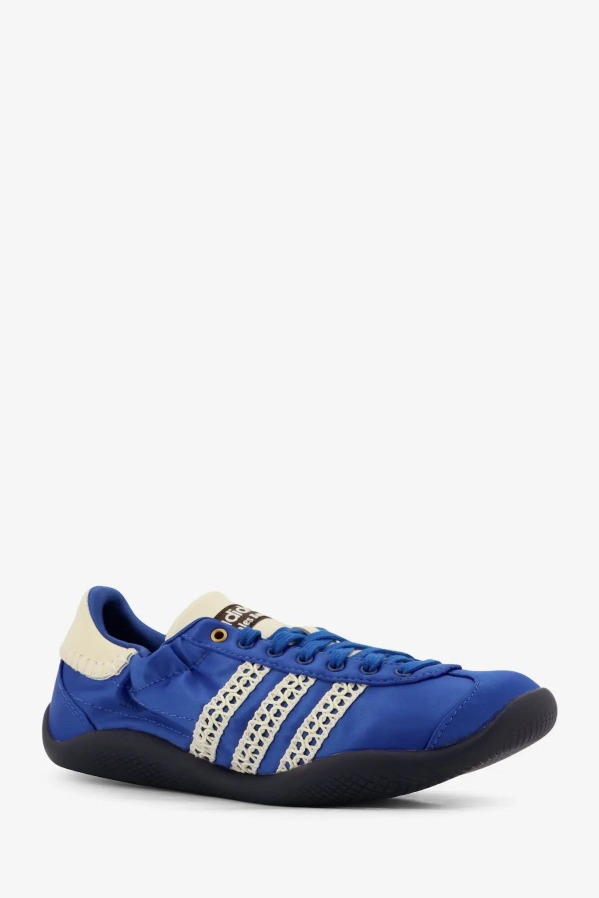 Blue adidas Originals by Wales Bonner women’s satin sneaker with white three stripes and cream-colored accents