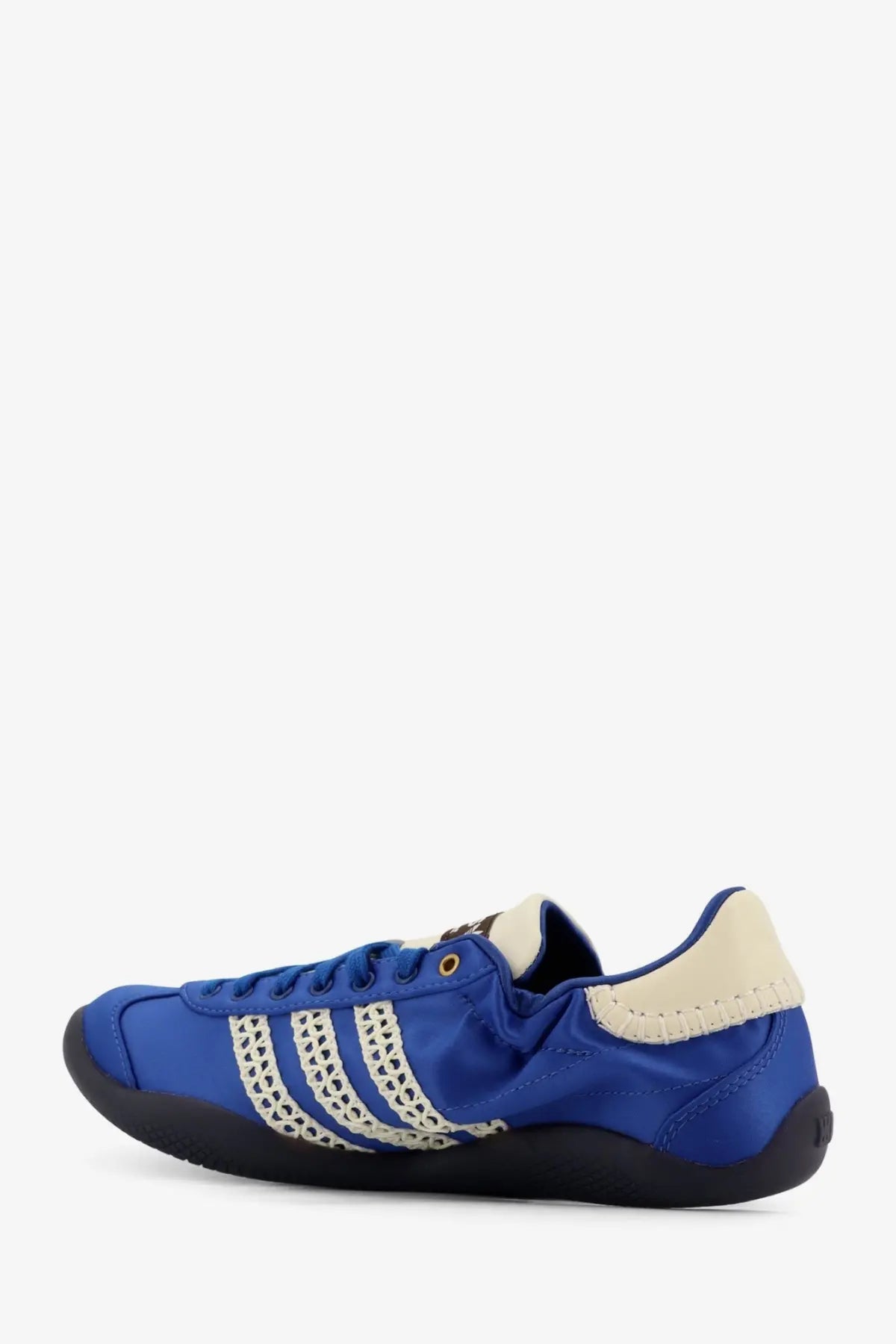 Blue adidas Originals by Wales Bonner women’s satin sneaker with cream mesh stripes and black rubber sole