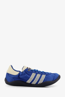 Blue adidas originals by wales bonner women’s satin sneaker with white perforated stripes and cream accents