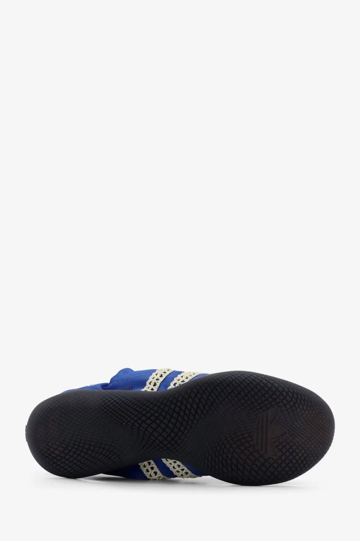 Blue adidas boxing shoe with black rubber sole and white mesh stripes in adidas originals by wales bonner sneakers