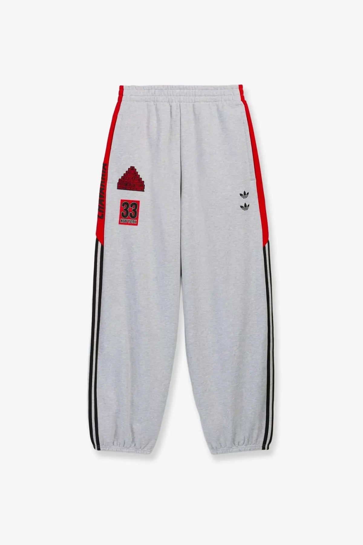 Gray adidas originals x willy chavarria men’s cotton blend sweatpants with red side stripes and pixelated logo patch