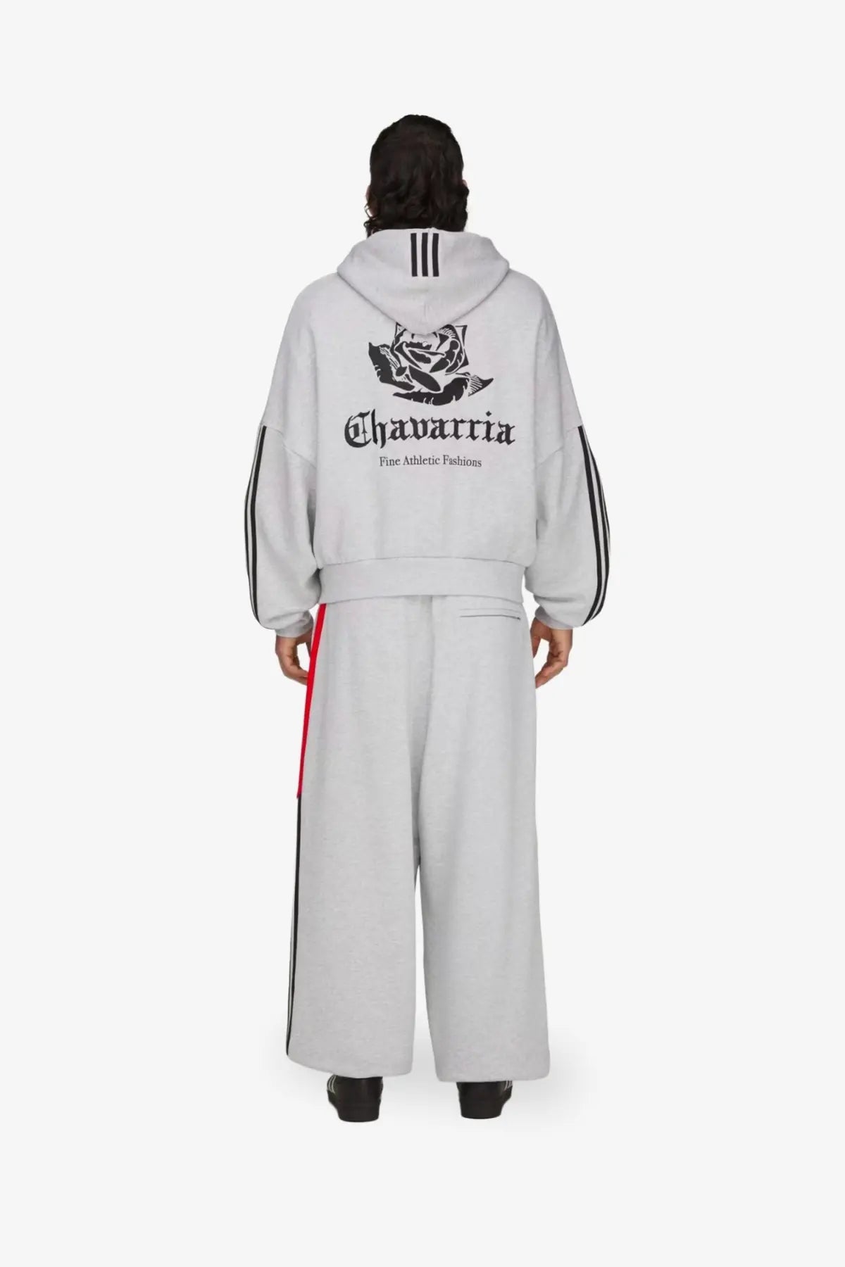 Gray hooded sweatshirt with black stripes and rose graphic on back featuring chavarria branding in adidas originals style