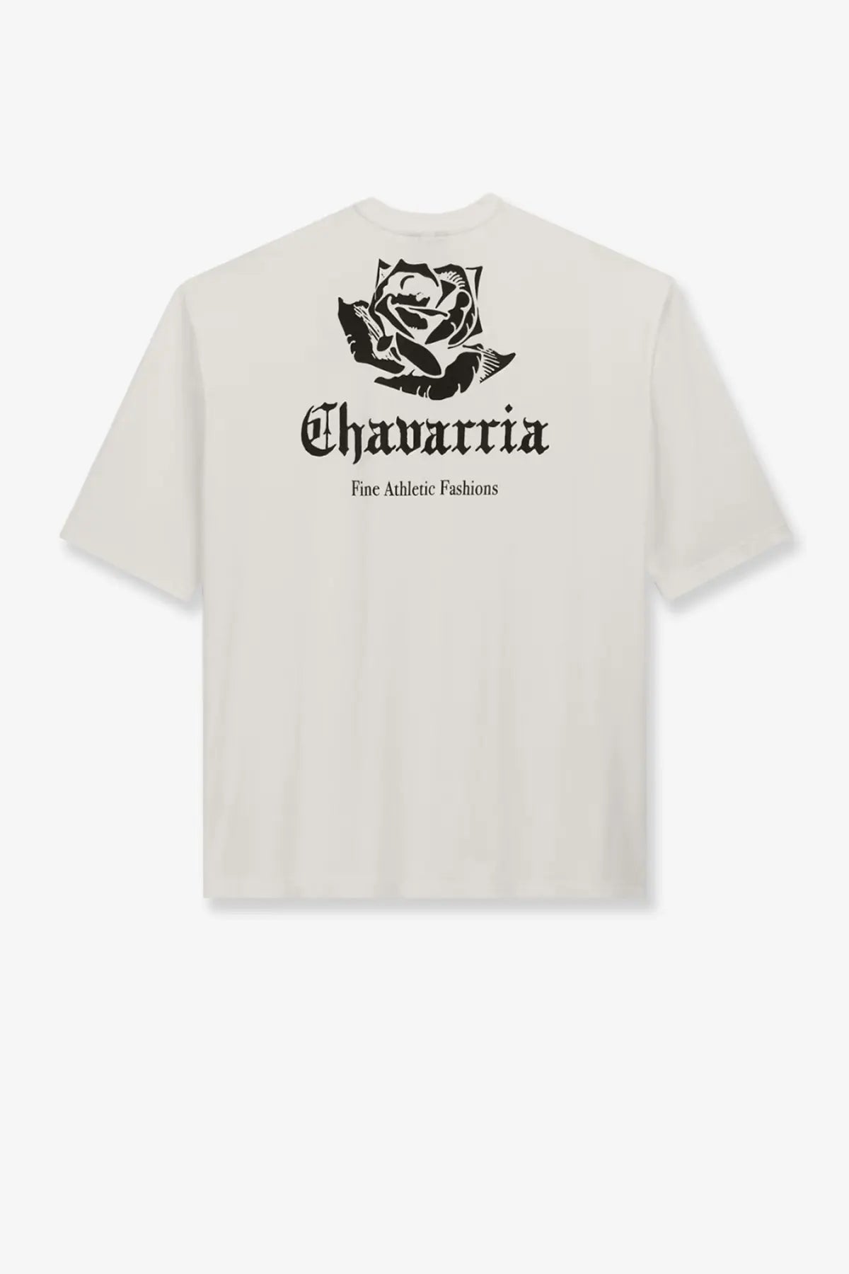 Cream-colored adidas Originals x Willy Chavarria men’s cotton t-shirt with black rose graphic and chavarria text