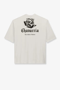 Cream-colored adidas Originals x Willy Chavarria men’s cotton t-shirt with black rose graphic and chavarria text