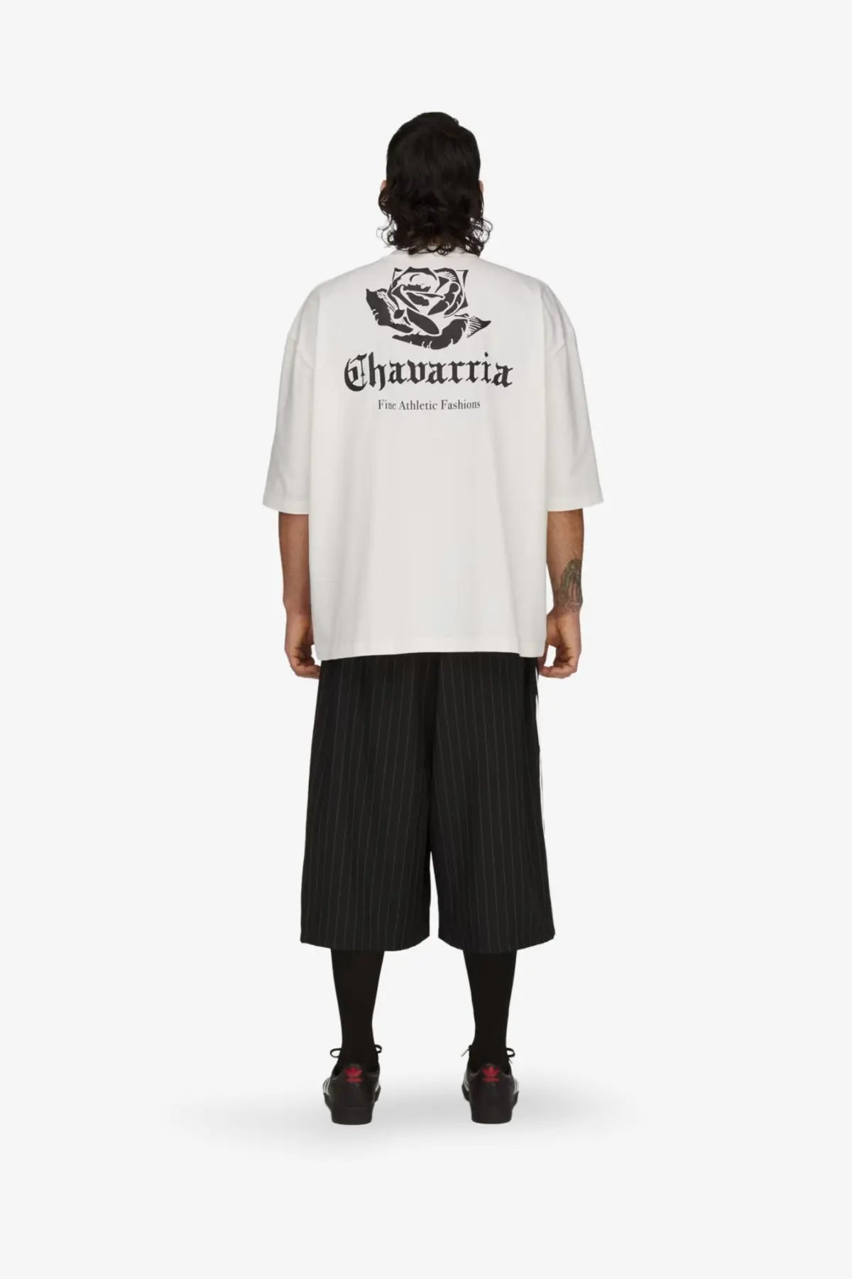 Adidas originals x willy chavarria men’s white cotton short sleeve shirt with black rose and chavarria text on back