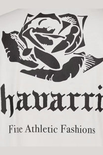 Adidas Originals x Willy Chavarria men’s white cotton t-shirt with bold black stylized rose and havarrri gothic logo