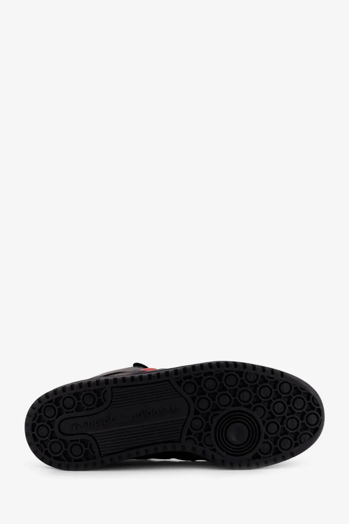 Black adidas originals x willy chavarria men’s leather forum low sneaker with textured rubber sole and red heel accent back view