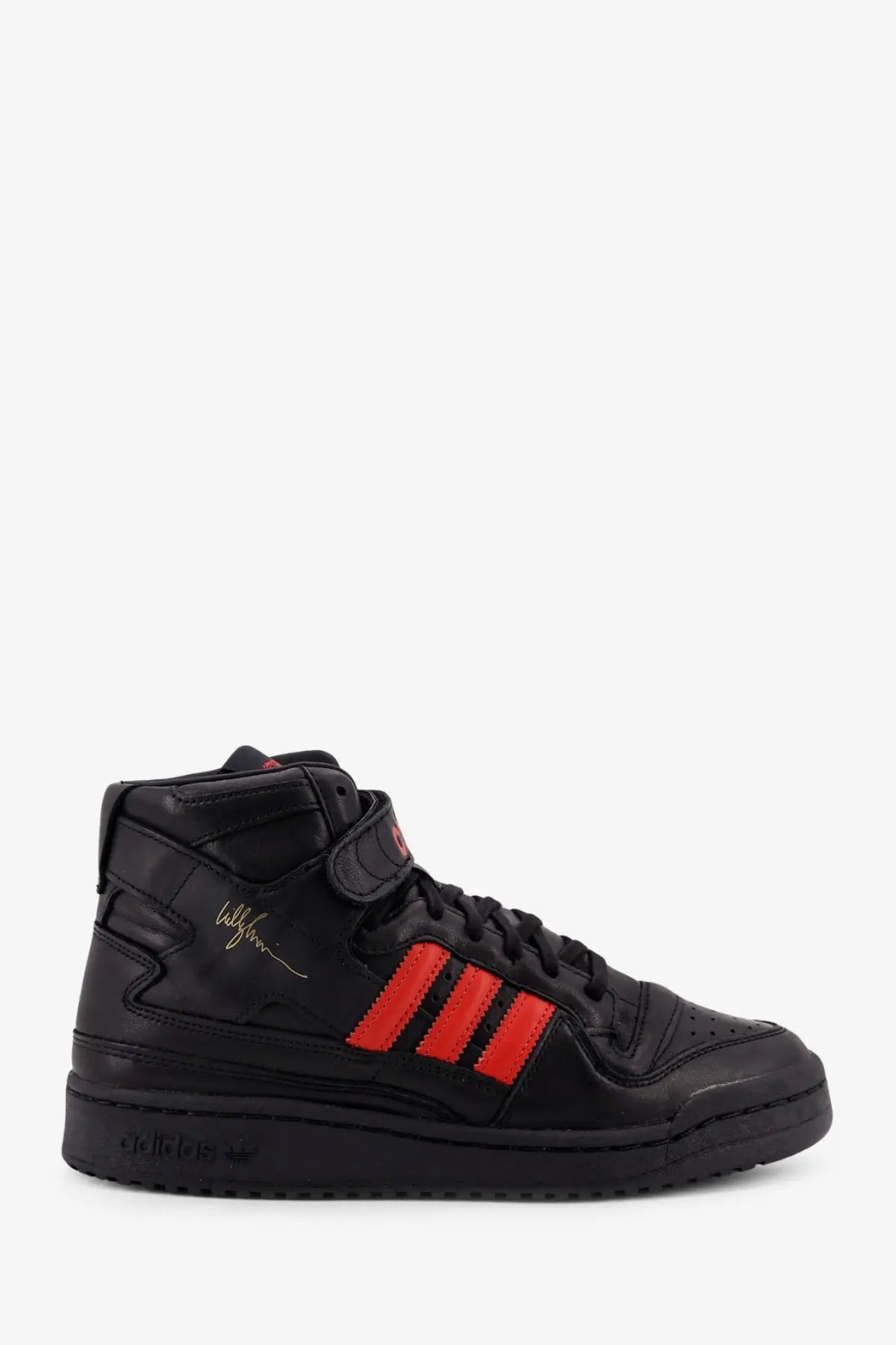 Adidas originals x willy chavarria men’s black leather high-top sneaker with bold red stripes and gold signature