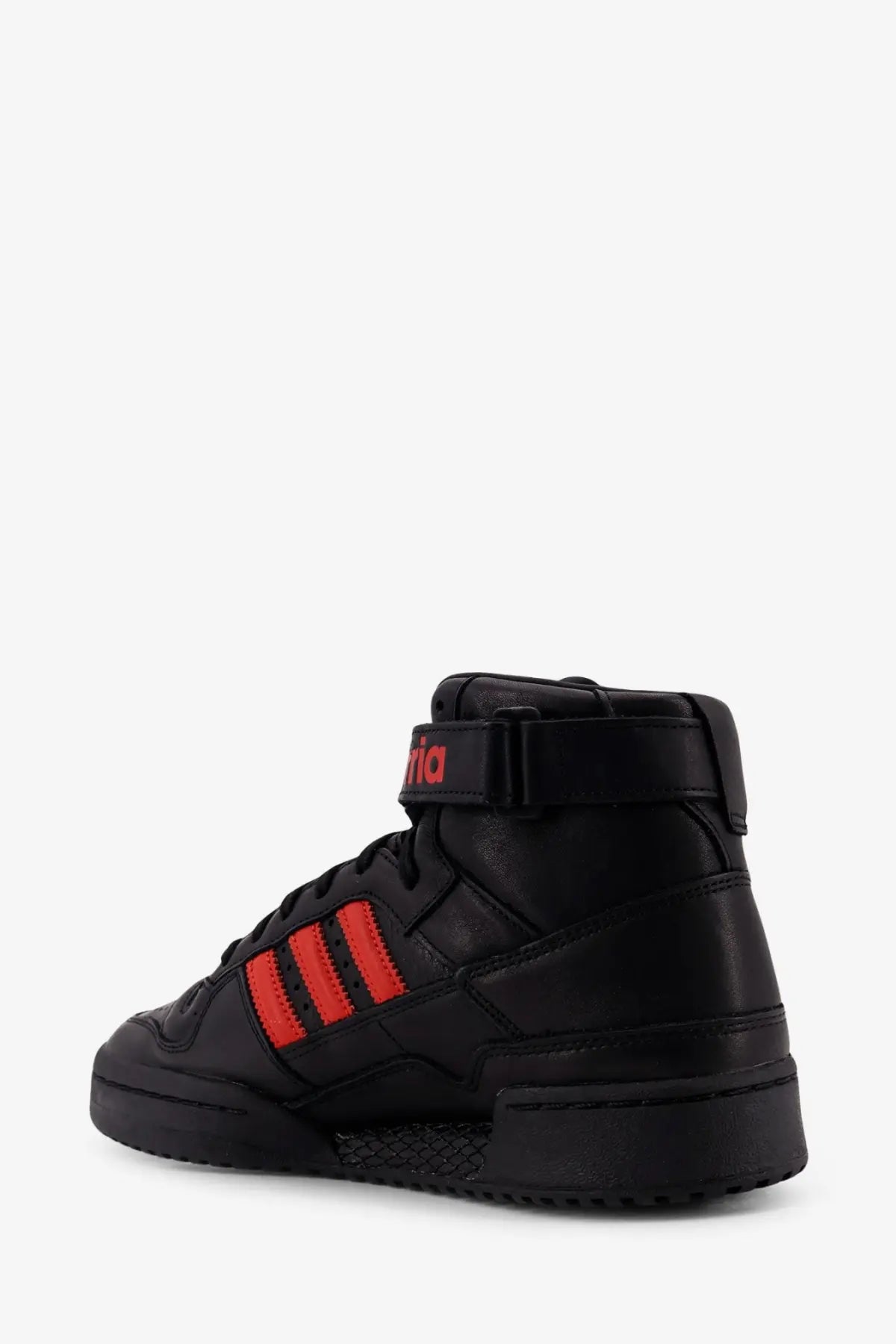 Adidas Originals x Willy Chavarria men’s black leather high-top sneaker with bold red stripes and branding on ankle strap