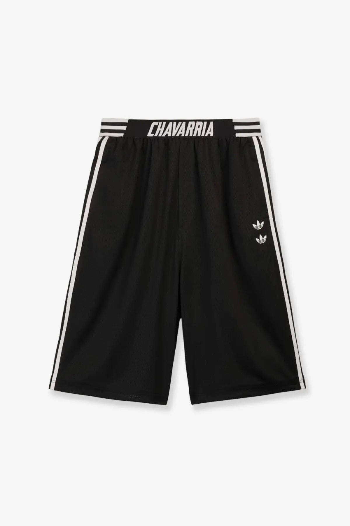 Adidas originals x willy chavarria men’s black recycled nylon bermuda shorts with white side stripes and logos