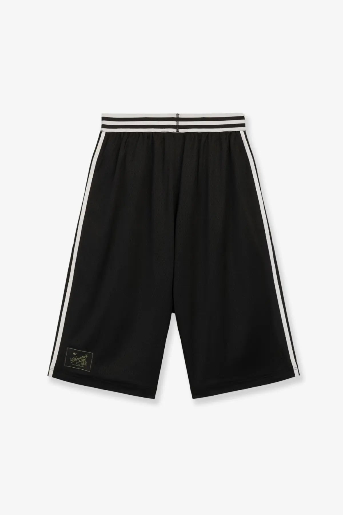 Adidas originals x willy chavarria men’s black recycled nylon athletic shorts with white side stripes and embroidered patch