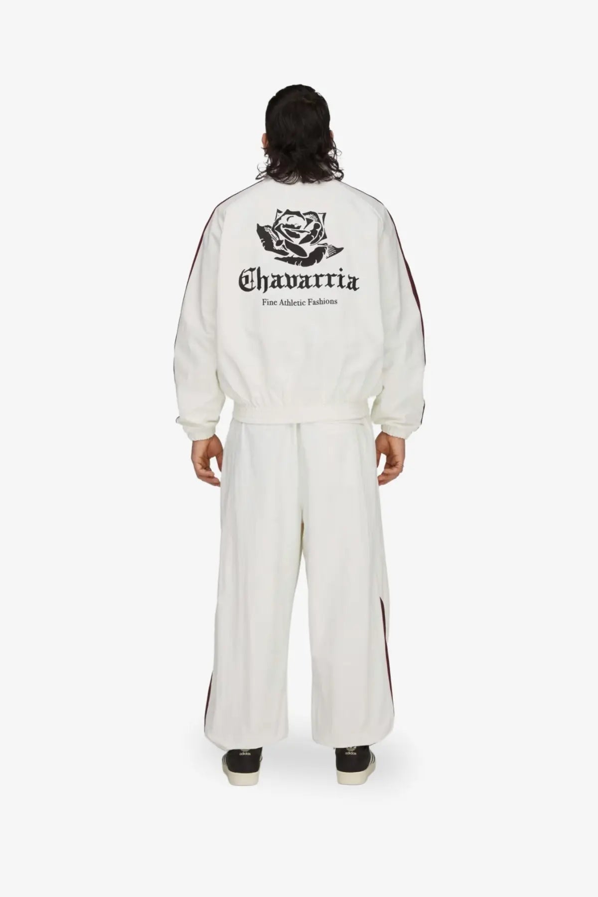 Adidas originals x willy chavarria white nylon bomber jacket with black rose gothic lettering and red sleeve stripes back view