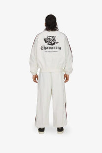Adidas originals x willy chavarria white nylon bomber jacket with black rose gothic lettering and red sleeve stripes back view