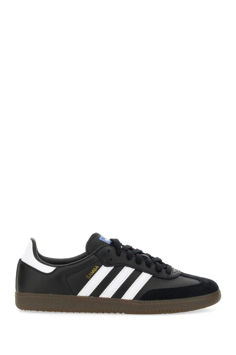 Black adidas unisex samba sneaker with white three stripes black laces and brown rubber sole for casual wear
