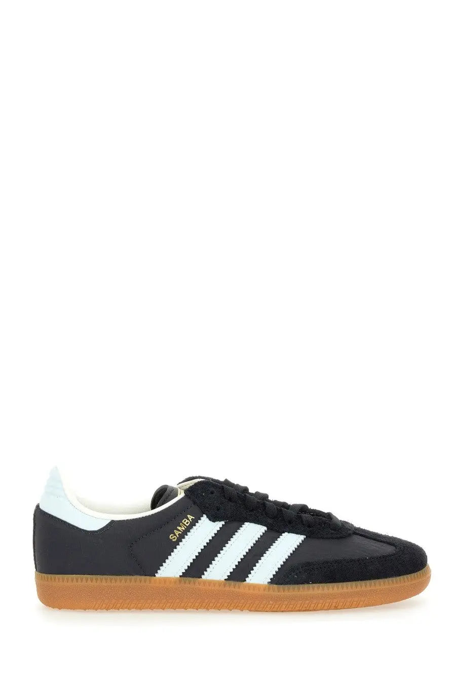 Adidas unisex sneaker Samba black with white three stripes tan rubber sole and suede upper