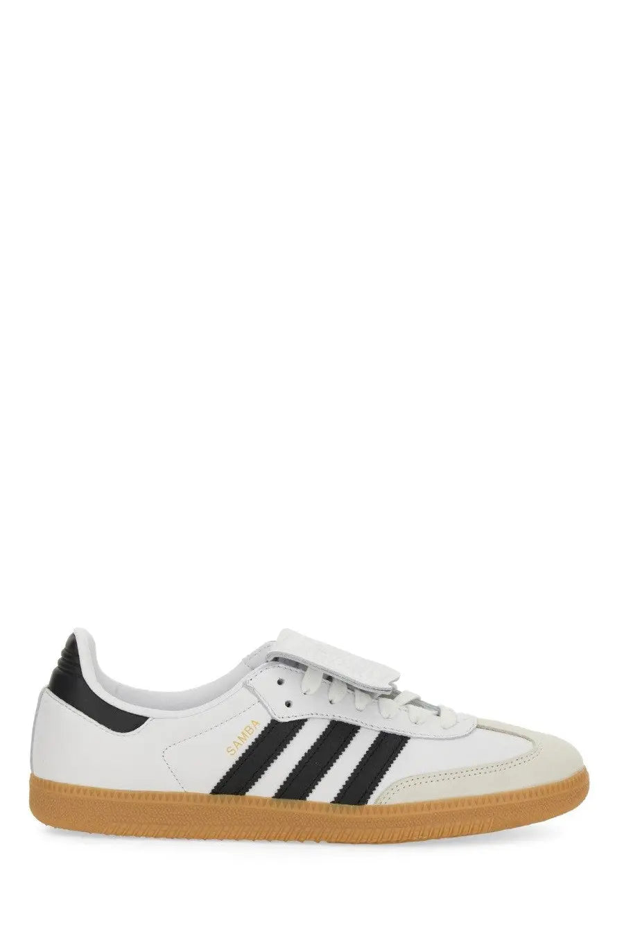 Adidas unisex sneaker samba in white leather with black stripes and tan rubber sole for casual wear