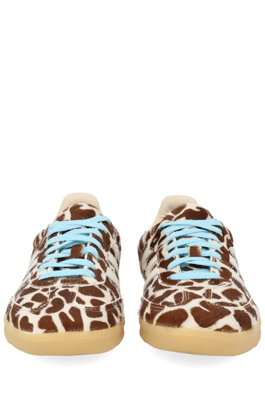 Adidas unisex sneaker samba pattern with brown and cream giraffe print and light blue laces