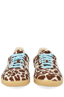 Adidas unisex sneaker samba pattern with brown and cream giraffe print and light blue laces