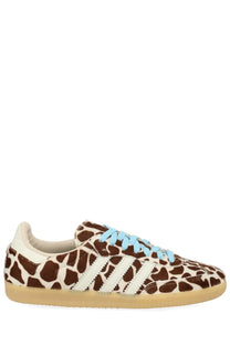 Adidas unisex sneaker samba with brown and cream giraffe print and light blue laces in a suede and leather design