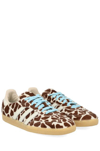 Adidas unisex sneaker samba pattern with brown and cream giraffe print and light blue laces