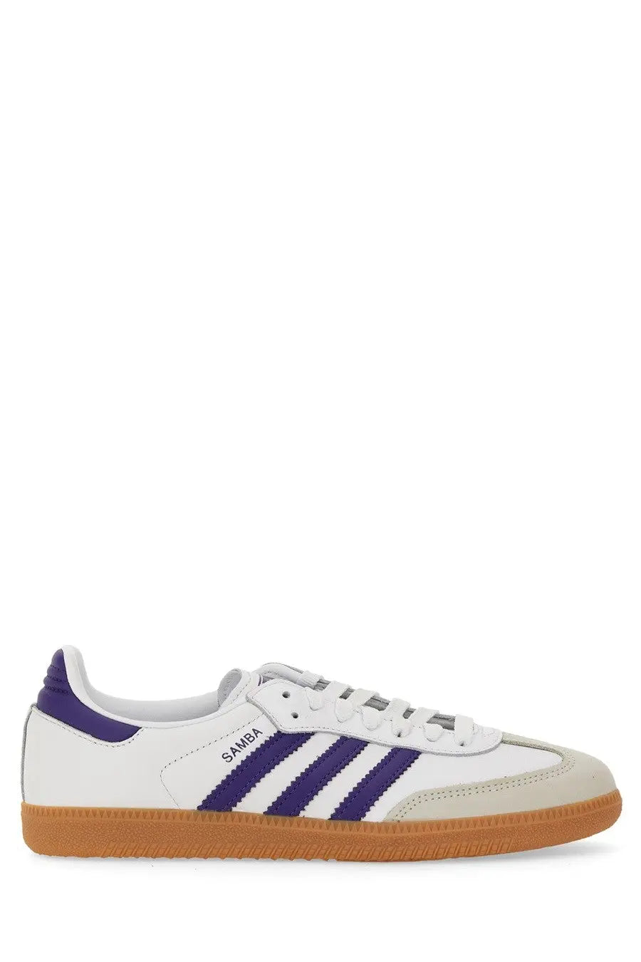 White adidas unisex sneaker samba with purple stripes and gum rubber sole for casual wear