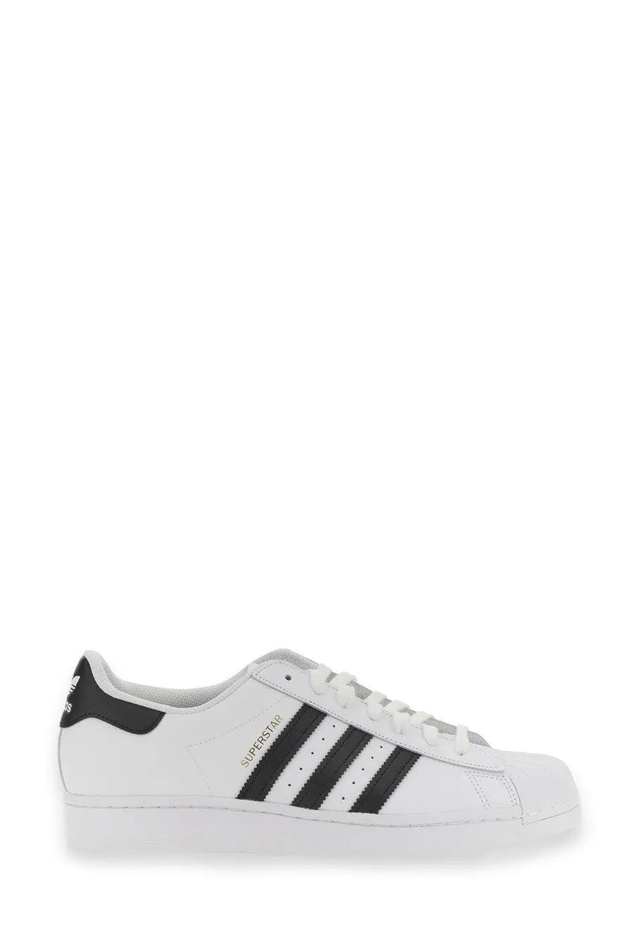 White leather adidas unisex superstar sneaker with black three stripes and matching heel tab front view