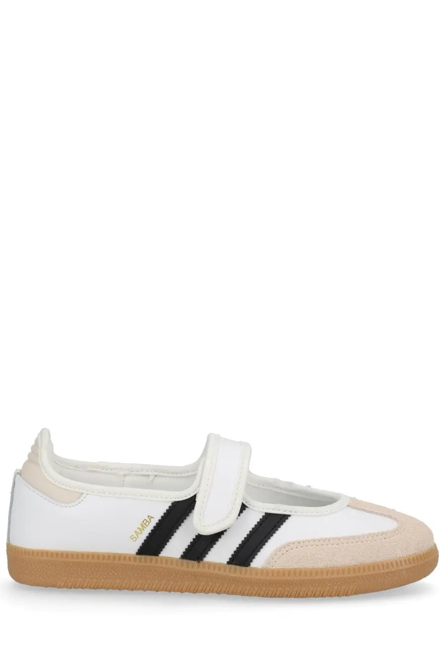 Adidas women’s samba jane sneaker white featuring black stripes and tan rubber sole in classic leather design