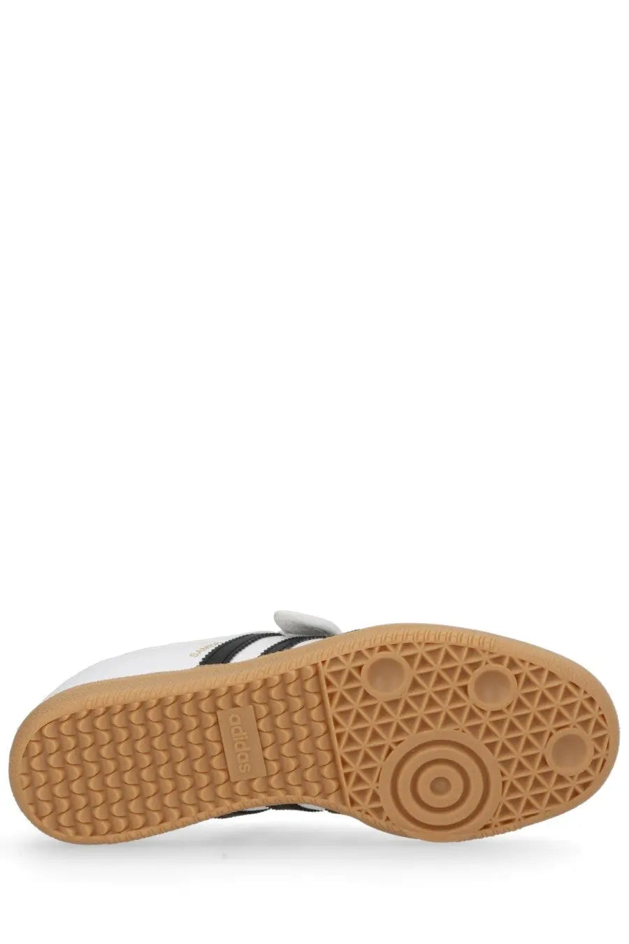 Adidas women’s samba jane sneaker white with black stripes and tan rubber sole in classic leather design
